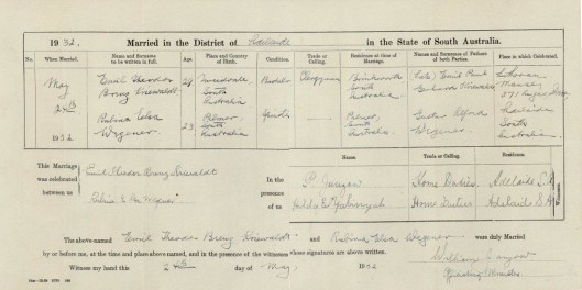 Marriage-certificate-Kriewaldt-Wegener Marriage record, Emil Theodor Brenz Kriewaldt and Rubina Elsa Wegener