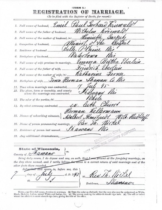 Marriage certificate, Emma Eberlein and Emil Kriewaldt, 1895