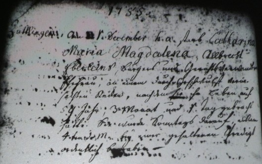 Death record for Catharina Maria Magdalena, 1785