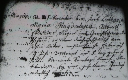 Death-Catharina-Maria-Magdalena-1785 Death record for Catharina Maria Magdalena, 1785