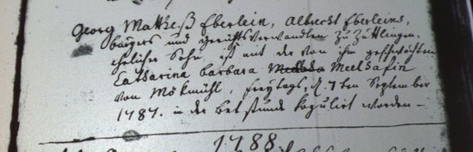 Extract from the church records of Züttlingen, concerning the marriage of Georg Malthes Eberlein and Catharina Barbara Mehlaf, 1787