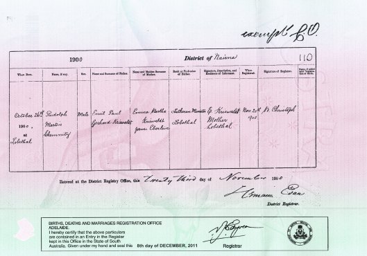 Birth registration for Rudolph Martin Chemnitz Kriewaldt